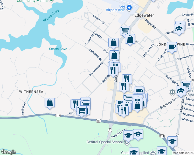 map of restaurants, bars, coffee shops, grocery stores, and more near 80 Beach Drive in Edgewater