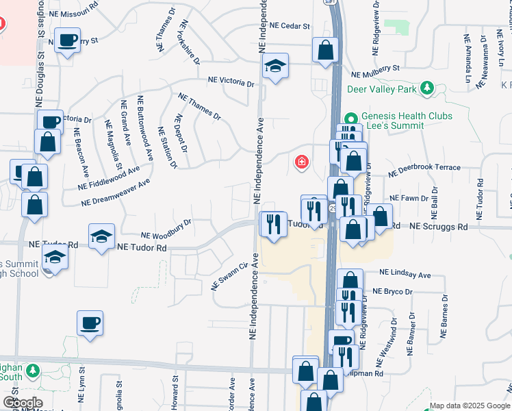 map of restaurants, bars, coffee shops, grocery stores, and more near 1120 Northeast Independence Avenue in Lee's Summit