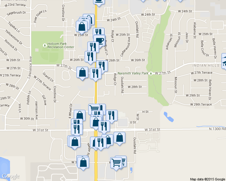 map of restaurants, bars, coffee shops, grocery stores, and more near 2806 Ridge Court in Lawrence