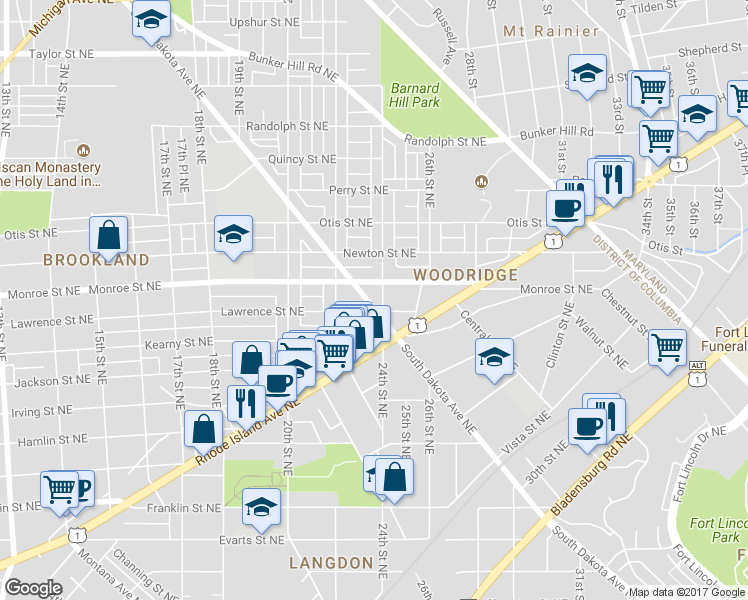 map of restaurants, bars, coffee shops, grocery stores, and more near 3409 South Dakota Avenue Northeast in Washington