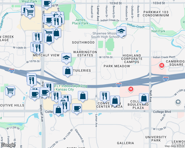 map of restaurants, bars, coffee shops, grocery stores, and more near 6307 W 108th St in Leawood