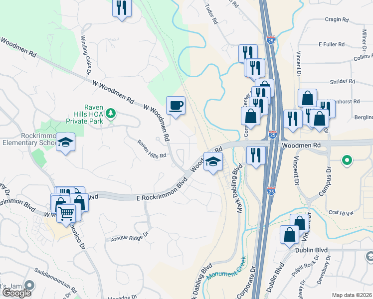 map of restaurants, bars, coffee shops, grocery stores, and more near 6937 Gayle Lyn Lane in Colorado Springs