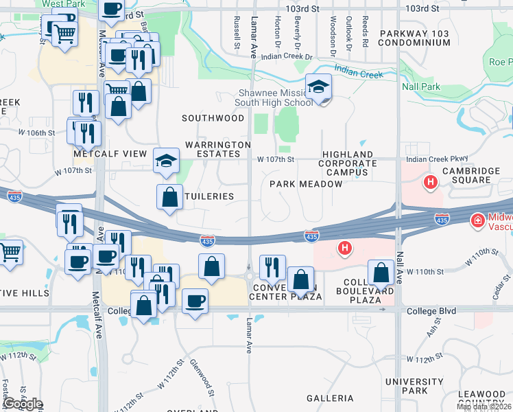 map of restaurants, bars, coffee shops, grocery stores, and more near 10800 Horton Street in Leawood