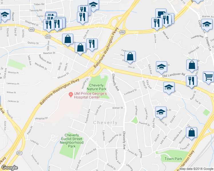 map of restaurants, bars, coffee shops, grocery stores, and more near 3406 Belleview Avenue in Cheverly