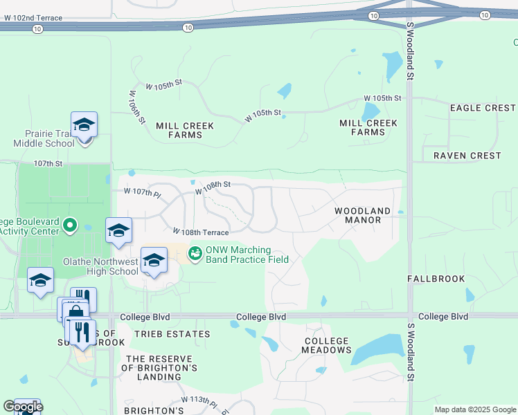 map of restaurants, bars, coffee shops, grocery stores, and more near 20754 West 108th Street in Olathe