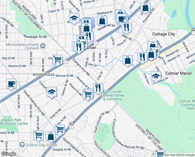 map of restaurants, bars, coffee shops, grocery stores, and more near 3401 37th Street in Mount Rainier