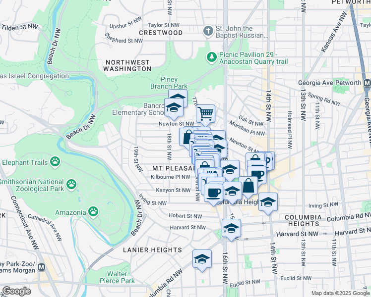map of restaurants, bars, coffee shops, grocery stores, and more near 3300 Mount Pleasant Street Northwest in Washington