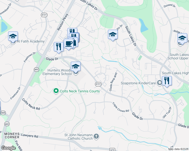 map of restaurants, bars, coffee shops, grocery stores, and more near 11941 Heathcote Court in Reston