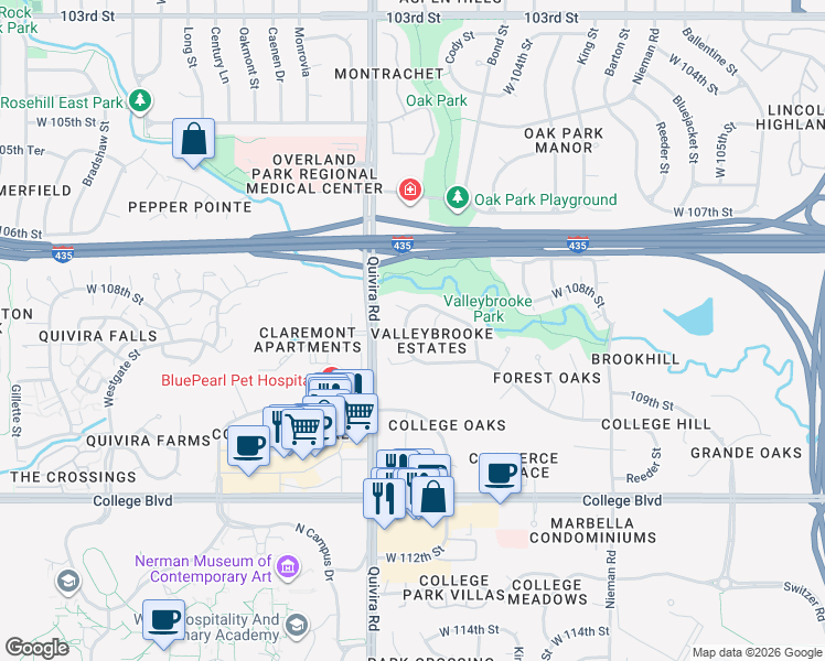 map of restaurants, bars, coffee shops, grocery stores, and more near 11777 West 108th Street in Overland Park