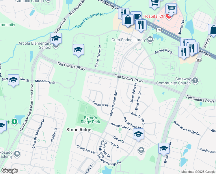 map of restaurants, bars, coffee shops, grocery stores, and more near 24761 Carbonate Terrace in Stone Ridge