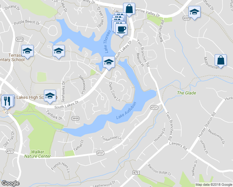 map of restaurants, bars, coffee shops, grocery stores, and more near 2117 Owls Cove Ln in Reston