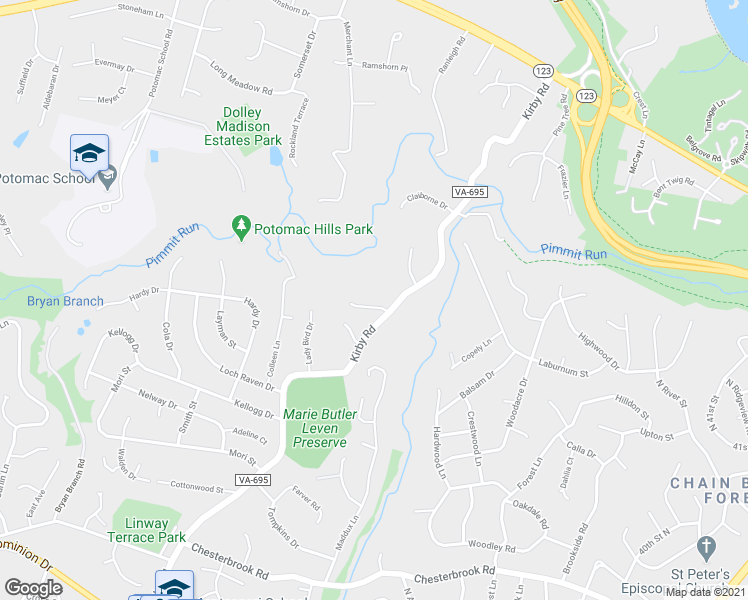 map of restaurants, bars, coffee shops, grocery stores, and more near 6054 Sugarstone Court in McLean