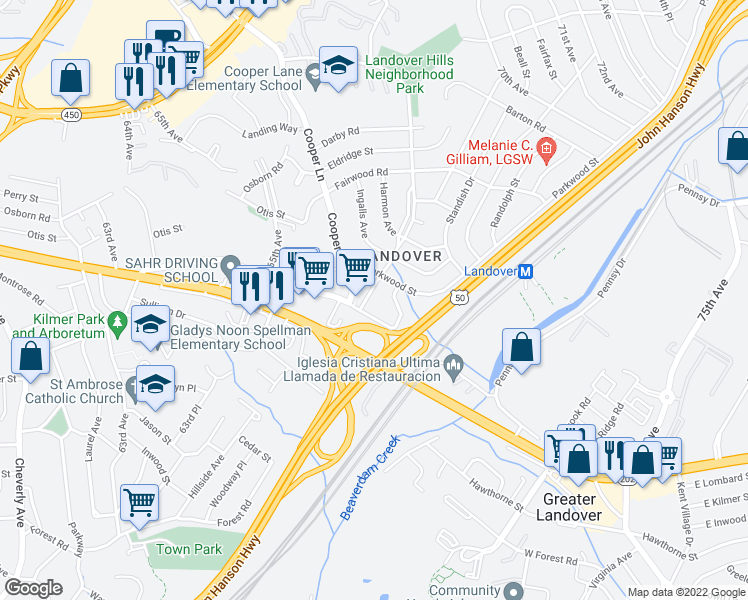 map of restaurants, bars, coffee shops, grocery stores, and more near 3605 Warner Avenue in Hyattsville