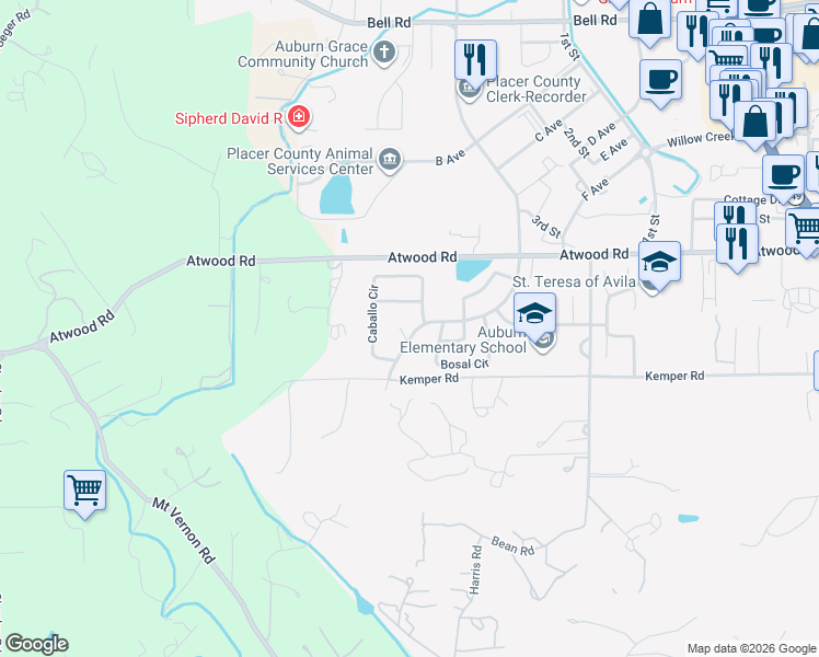 map of restaurants, bars, coffee shops, grocery stores, and more near 2810 Orbeck Court in Auburn