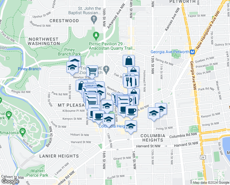 map of restaurants, bars, coffee shops, grocery stores, and more near 1476 Newton Street Northwest in Washington