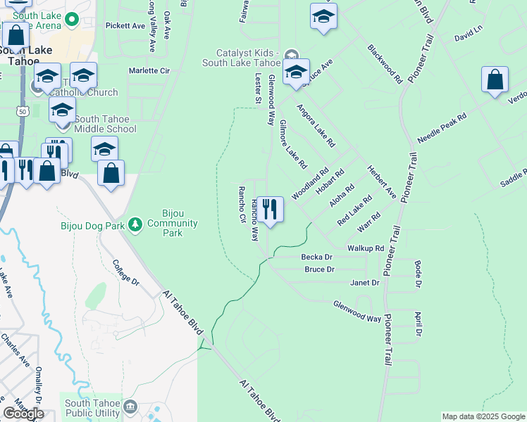 map of restaurants, bars, coffee shops, grocery stores, and more near 1418 Glenwood Way in South Lake Tahoe