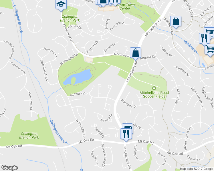 map of restaurants, bars, coffee shops, grocery stores, and more near 3044 New Oak Lane in Bowie