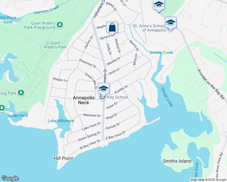 map of restaurants, bars, coffee shops, grocery stores, and more near 106 Kuethe Drive in Annapolis