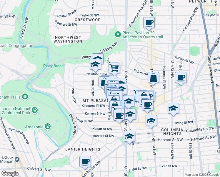 map of restaurants, bars, coffee shops, grocery stores, and more near 17th St NW & Park Rd NW in Washington