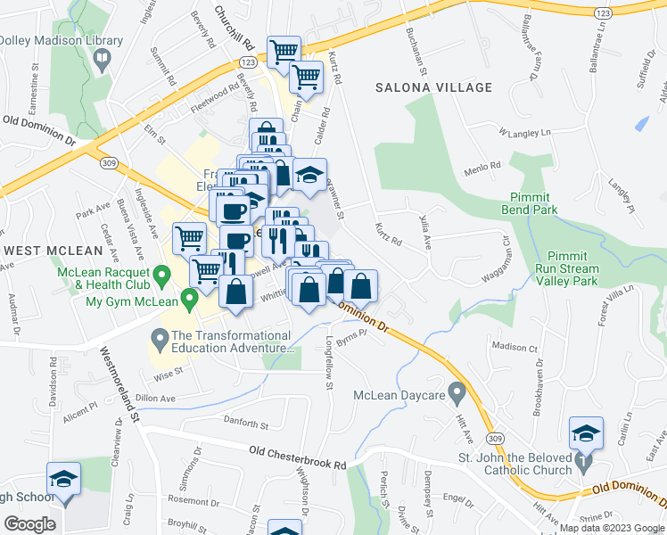 map of restaurants, bars, coffee shops, grocery stores, and more near 1459 Hampton Ridge Drive in McLean