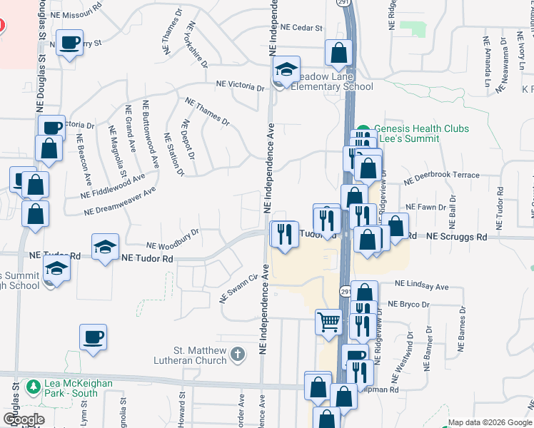 map of restaurants, bars, coffee shops, grocery stores, and more near 1102 Northeast Independence Avenue in Lee's Summit