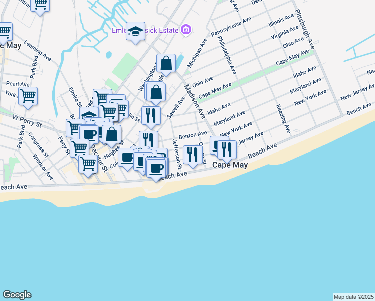 map of restaurants, bars, coffee shops, grocery stores, and more near 922 Kearney Ave in Cape May