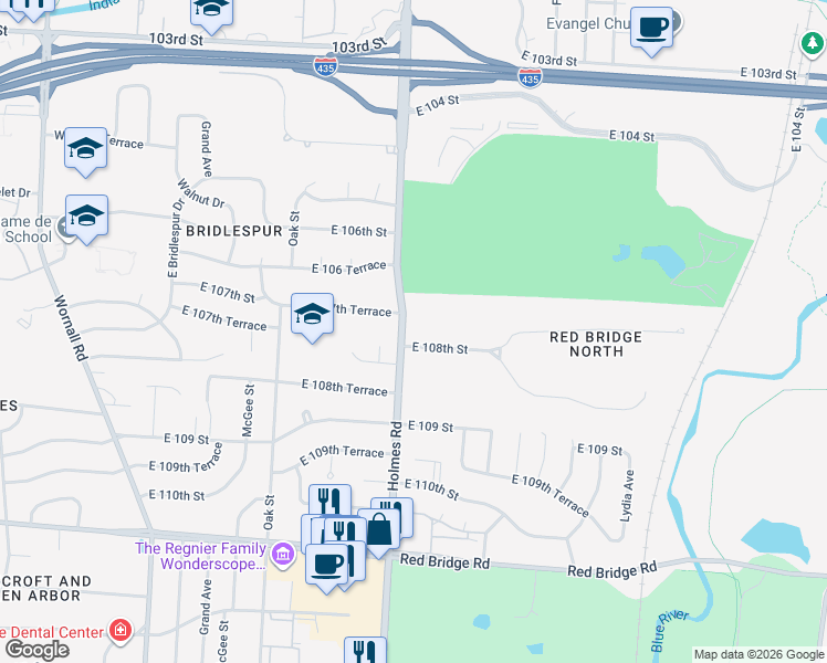 map of restaurants, bars, coffee shops, grocery stores, and more near 10733 Holmes Road in Kansas City