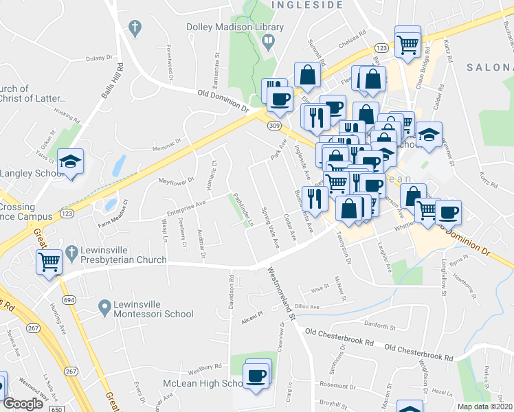 map of restaurants, bars, coffee shops, grocery stores, and more near 1456 Spring Vale Avenue in McLean
