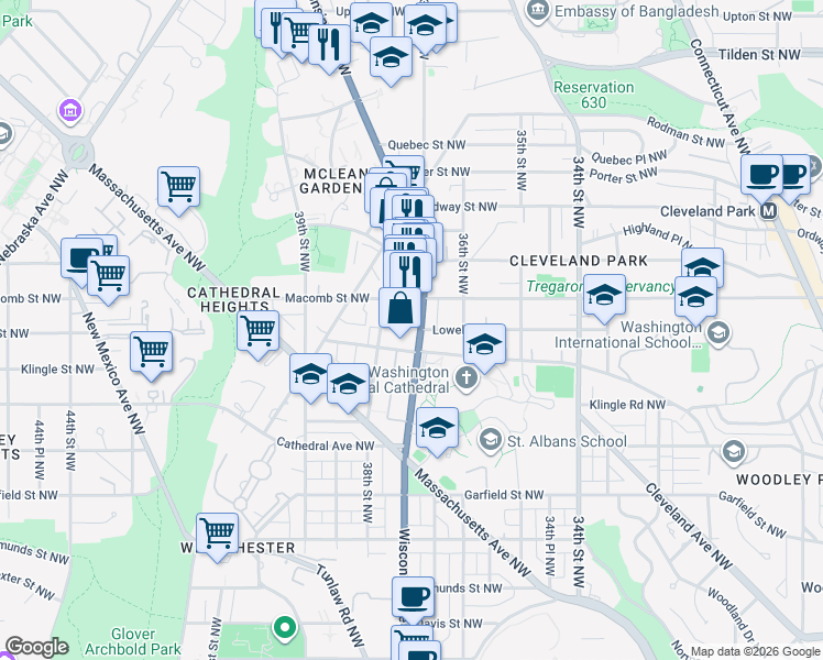 map of restaurants, bars, coffee shops, grocery stores, and more near 3218 Wisconsin Avenue in Washington
