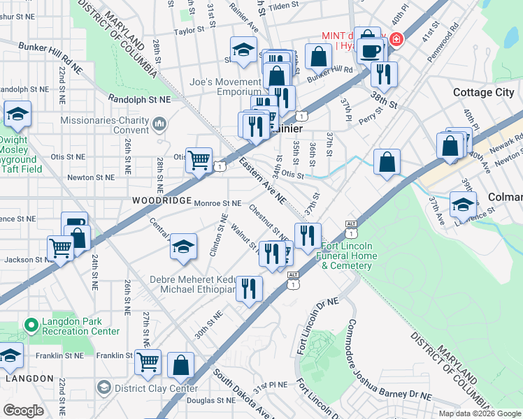 map of restaurants, bars, coffee shops, grocery stores, and more near 3219 Chestnut Street Northeast in Washington
