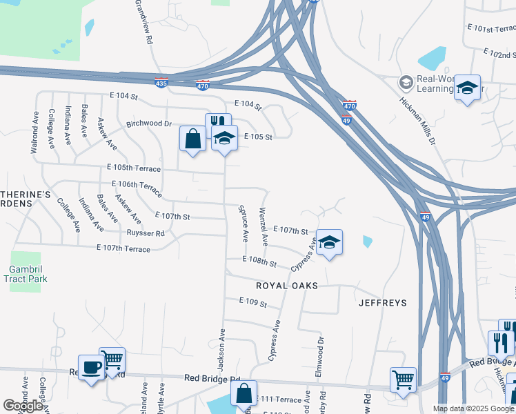 map of restaurants, bars, coffee shops, grocery stores, and more near 10600 Wenzel Avenue in Kansas City