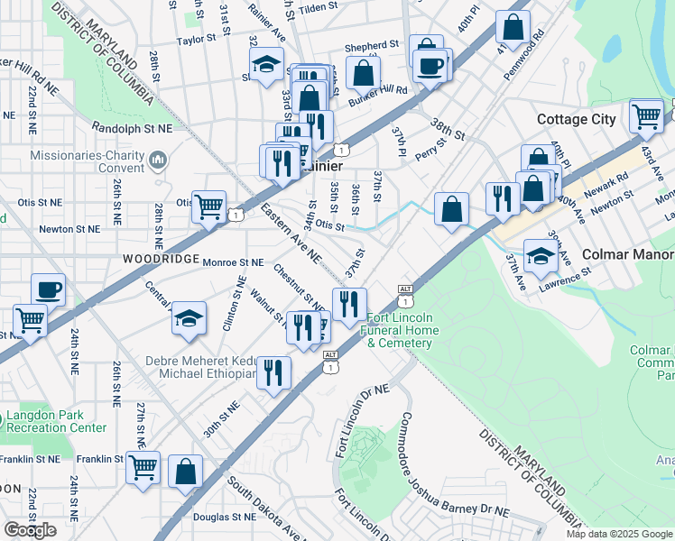 map of restaurants, bars, coffee shops, grocery stores, and more near 3405 Eastern Avenue Northeast in Mount Rainier