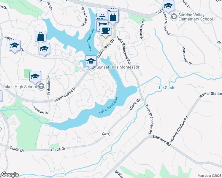 map of restaurants, bars, coffee shops, grocery stores, and more near 11117 Watermans Drive in Reston