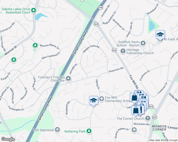 map of restaurants, bars, coffee shops, grocery stores, and more near 12721 Magna Carta Road in Herndon