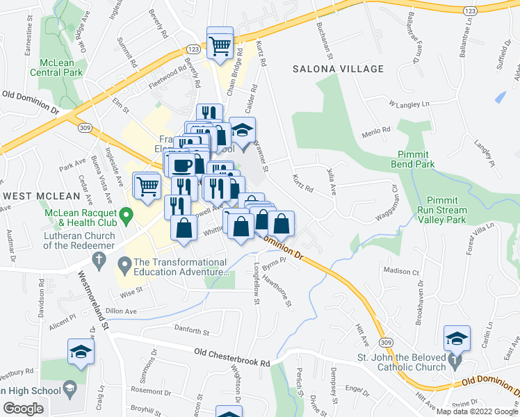 map of restaurants, bars, coffee shops, grocery stores, and more near 1459 Hampton Ridge Drive in McLean