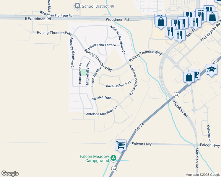 map of restaurants, bars, coffee shops, grocery stores, and more near 11053 Birch Hollow Way in Peyton