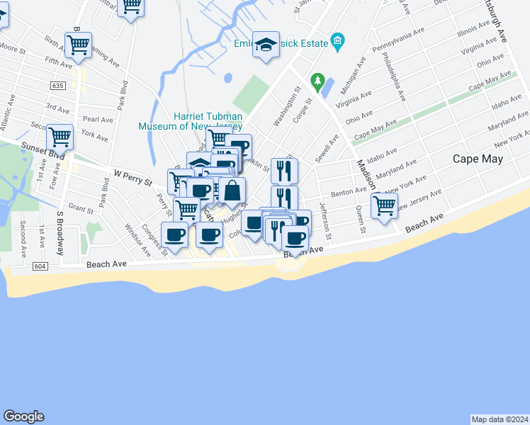 map of restaurants, bars, coffee shops, grocery stores, and more near 120 Stockton Place in Cape May