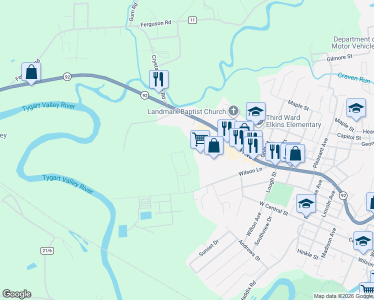 map of restaurants, bars, coffee shops, grocery stores, and more near 1404 Harrison Avenue in Elkins