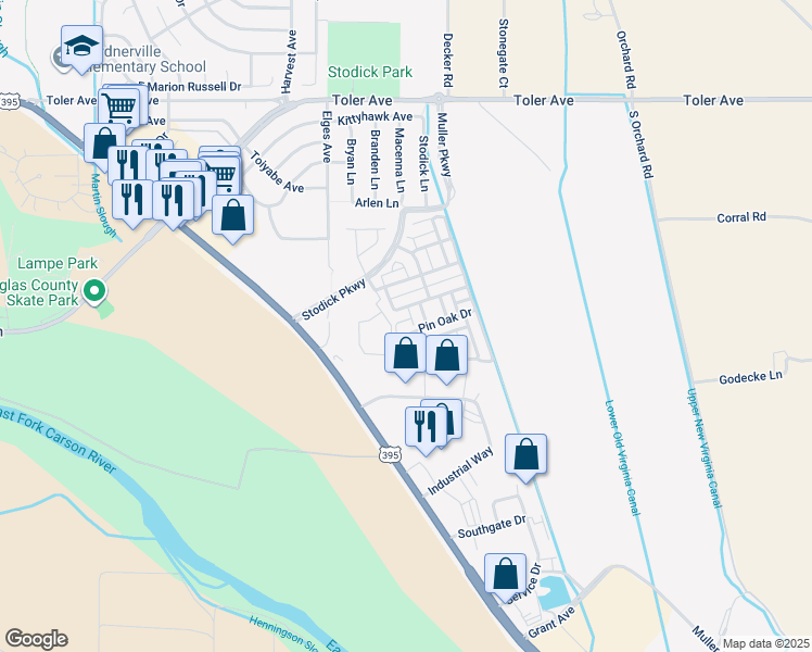 map of restaurants, bars, coffee shops, grocery stores, and more near 1402 Pin Oak Drive in Gardnerville