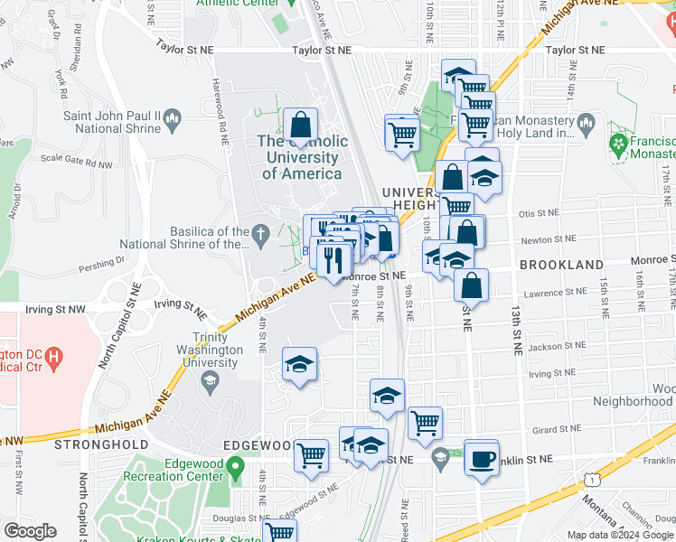 map of restaurants, bars, coffee shops, grocery stores, and more near 654 Monroe Street Northeast in Washington