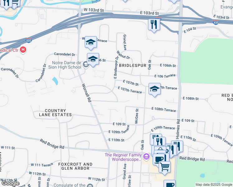 map of restaurants, bars, coffee shops, grocery stores, and more near 10750 Bridlespur Terrace in Kansas City