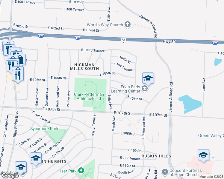 map of restaurants, bars, coffee shops, grocery stores, and more near 10519 Skiles Avenue in Kansas City