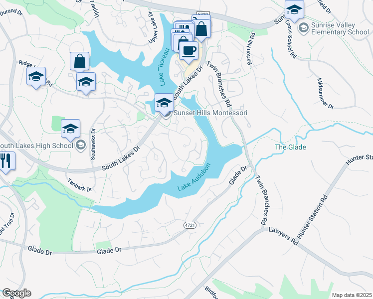 map of restaurants, bars, coffee shops, grocery stores, and more near 11108 Beaver Trail Court in Reston