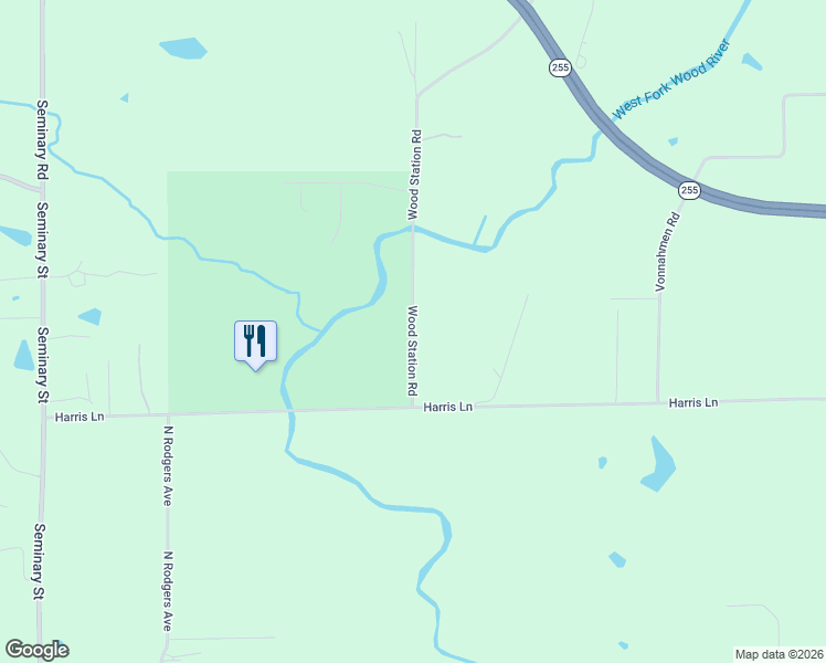 map of restaurants, bars, coffee shops, grocery stores, and more near 7414 Wood Station Road in Madison County