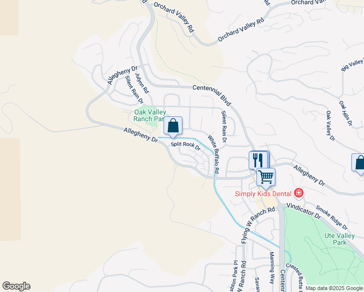 map of restaurants, bars, coffee shops, grocery stores, and more near 2366 Split Rock Drive in Colorado Springs