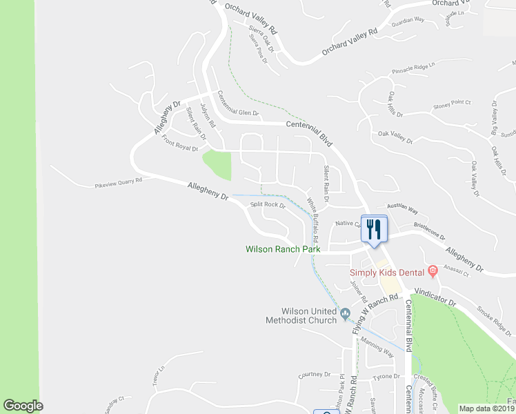 map of restaurants, bars, coffee shops, grocery stores, and more near 2366 Split Rock Drive in Colorado Springs