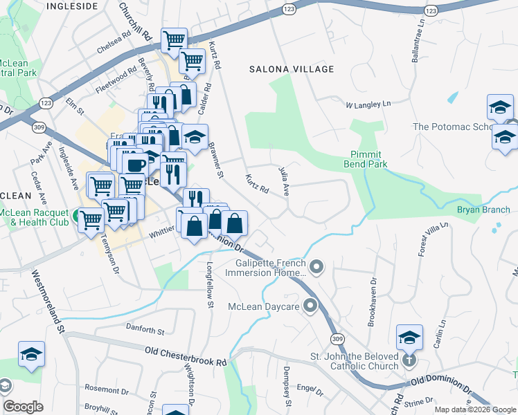 map of restaurants, bars, coffee shops, grocery stores, and more near 1539 Forest Villa Lane in McLean