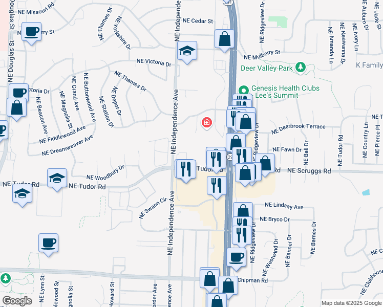 map of restaurants, bars, coffee shops, grocery stores, and more near 750 Northeast Tudor Road in Lee's Summit