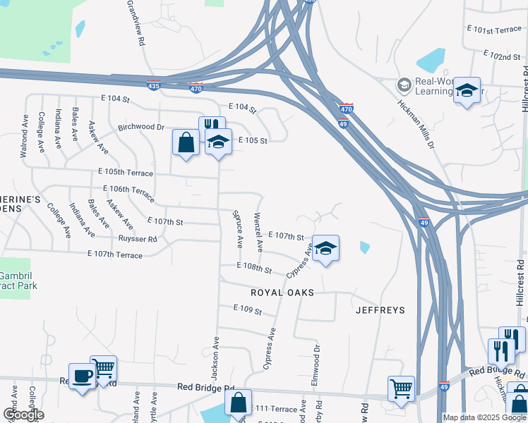 map of restaurants, bars, coffee shops, grocery stores, and more near 10600 Wenzel Avenue in Kansas City