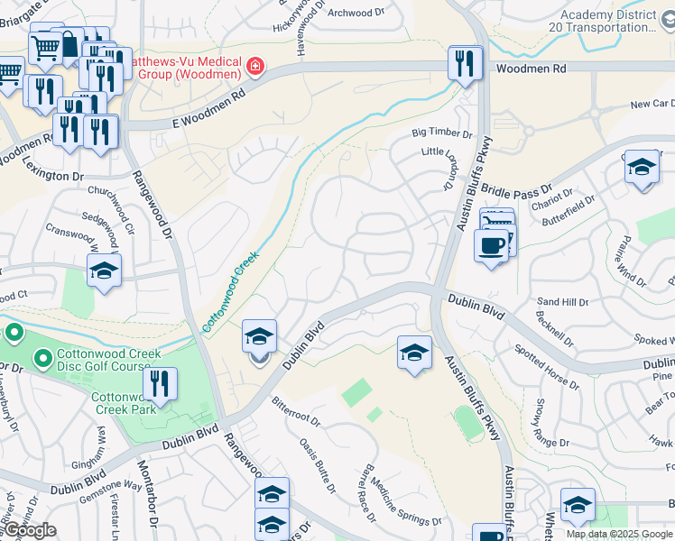 map of restaurants, bars, coffee shops, grocery stores, and more near 6626 Dream Weaver Drive in Colorado Springs